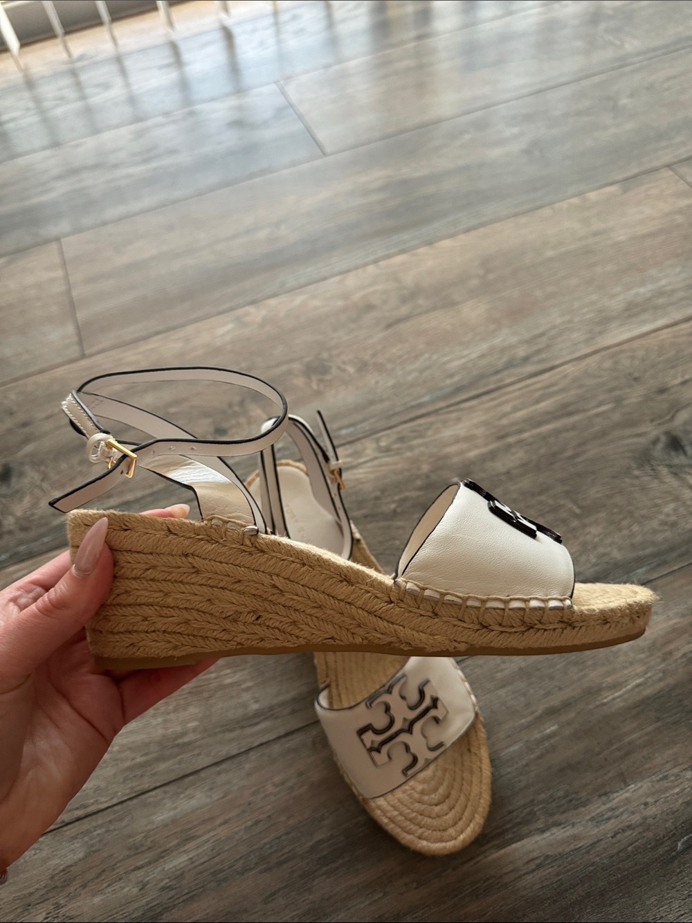 Tory Burch Cream Leather Espadrille Wedges with Logo Strap - Picture 4 of 8
